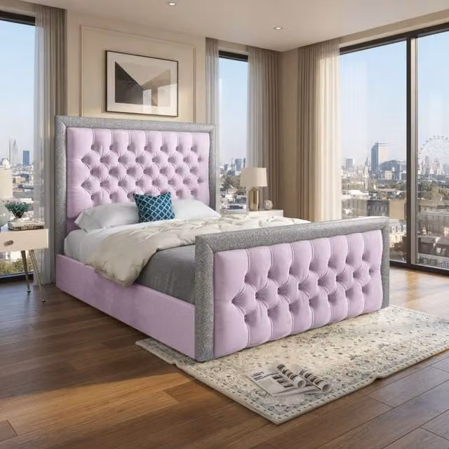 KDMD Wappenham Small Single Designer Bed Frame in Pink Soft Velvet with Glitter Border – 1