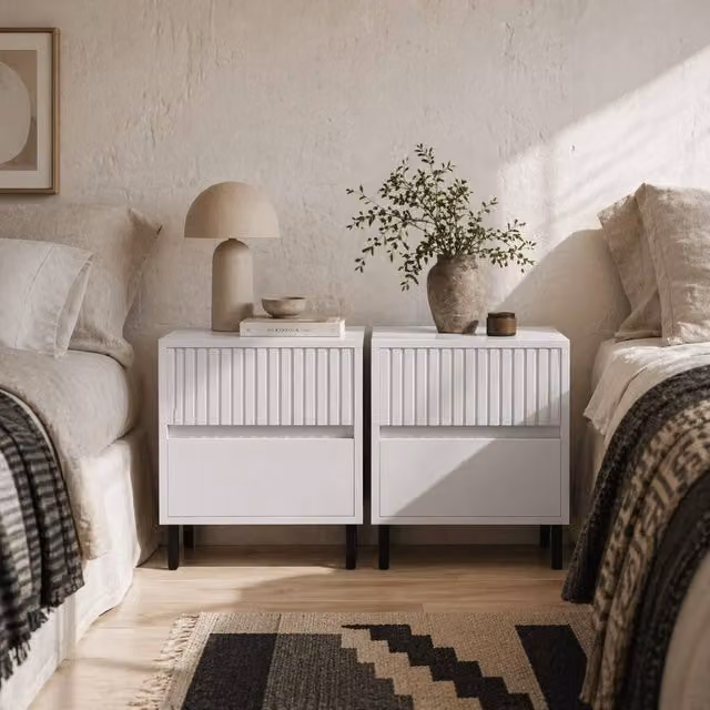 Wyld Haus Vadiro Set of 2 White Ribbed Bedside Tables with 2 Drawers – 1