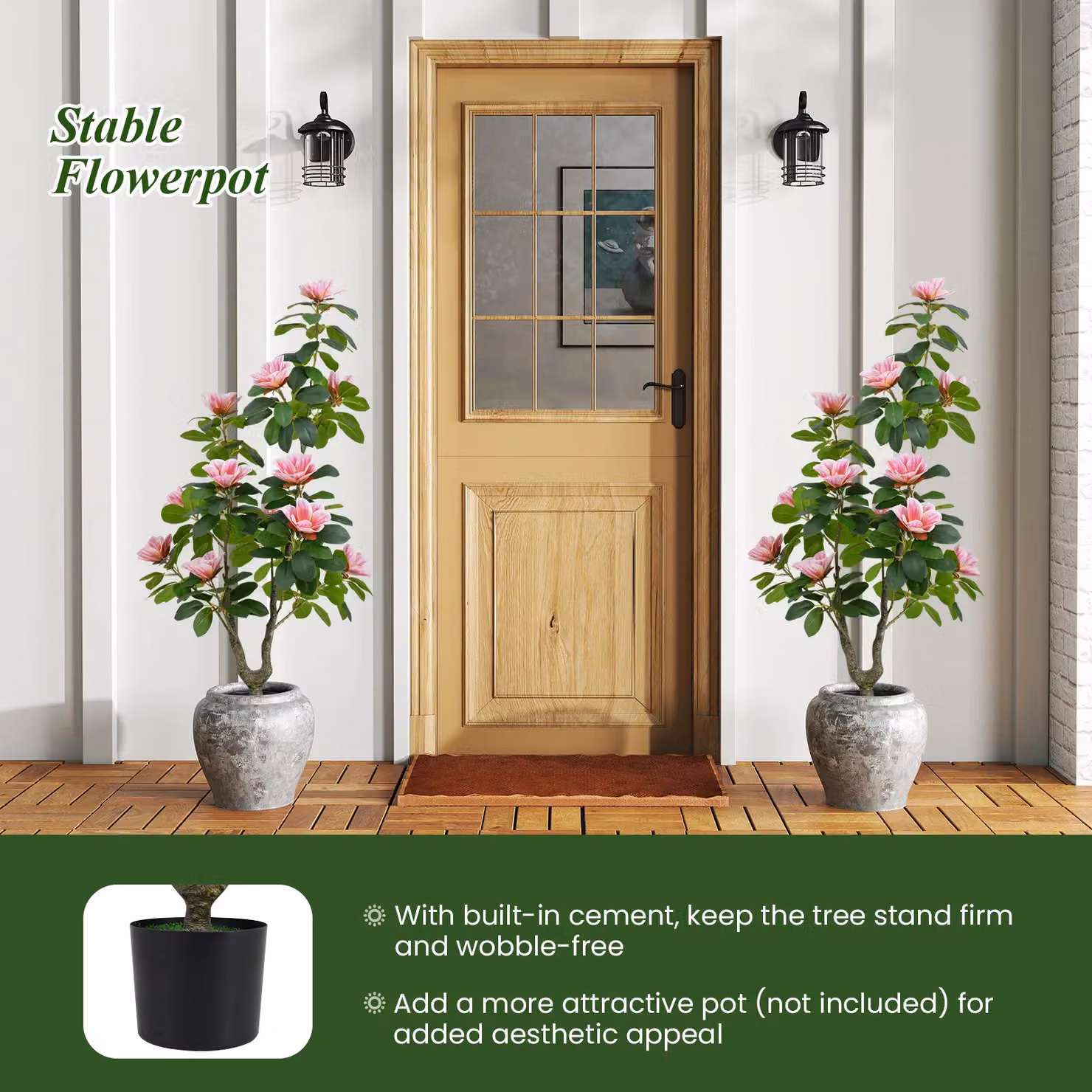Costway Artificial Magnolia Tree in Green and Pink with Concrete Nursery Pot, Height: 100 cm – 7