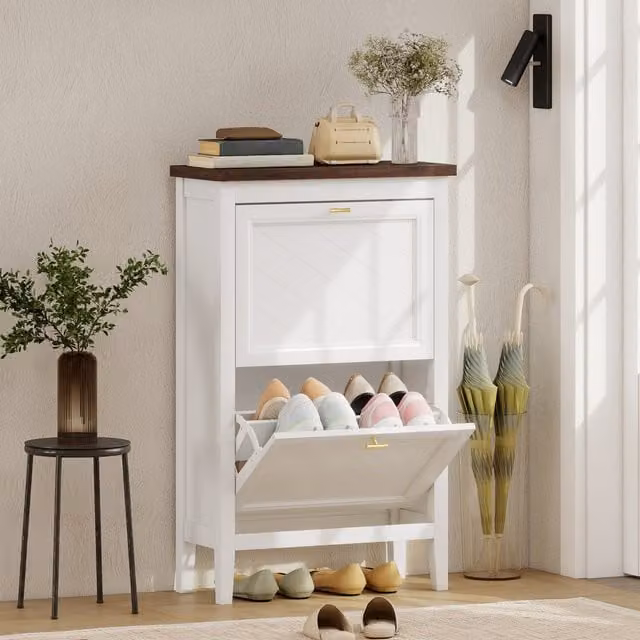 HOMCOM Modern White Narrow Shoe Cabinet with 2 Tilting Compartments and Internal Shelves, Height: 96.7 cm