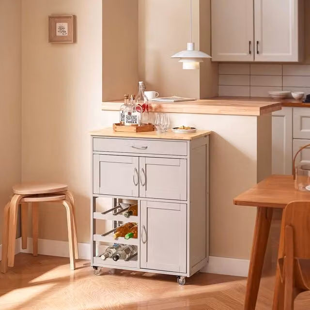 SoBuy Mobile Kitchen Trolley with Solid Wood Top and Hinged Doors in Light Grey – 1