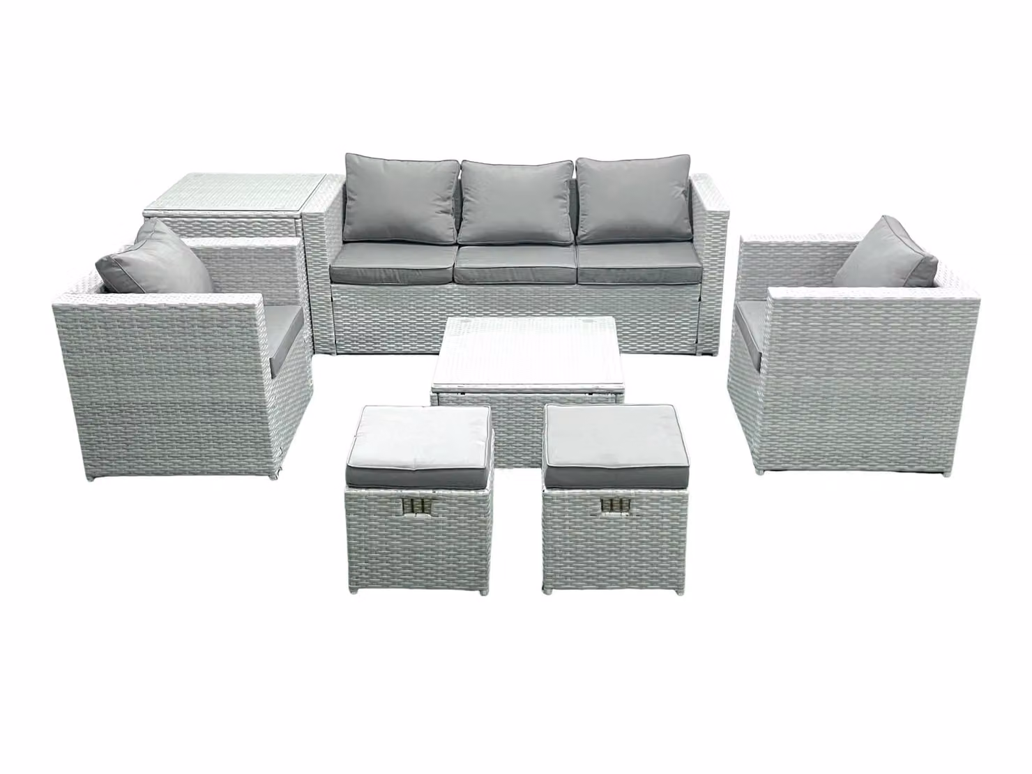 Fimous 7 Seater Rattan Garden Furniture Set in Light Grey with 3 Seater Sofa, 2 Chairs, Square Coffee Table, 2 Footstools and Side Table – 2