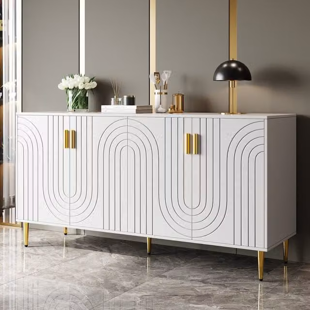 Aosom UK Wave Front Modern White Sideboard with 4 Doors, 2 Drawers and Gold Handles, W/D/H: 152 x 40 x 75 cm