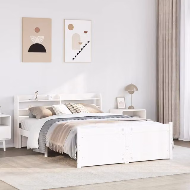 Berkfield Home King Size Bed Frame with Headboard and Side Compartments in White Solid Pine Wood, W/D/H: 150 x 200 cm