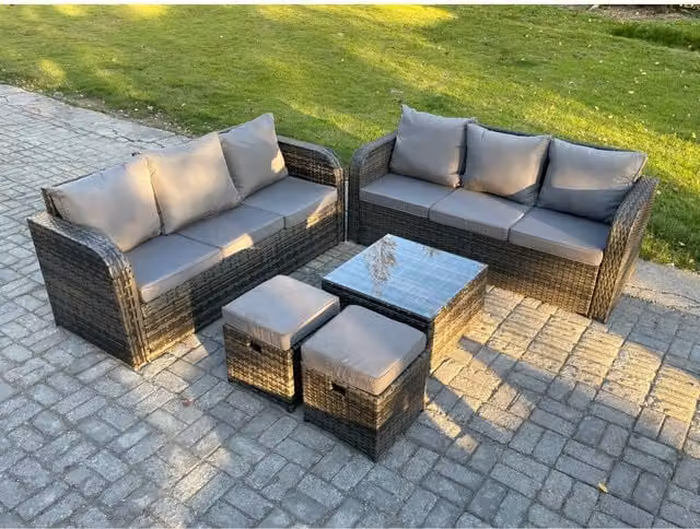 Fimous 8-Seater L-Shape PE Rattan Garden Furniture Set with Grey Cushions and Anthracite Accents