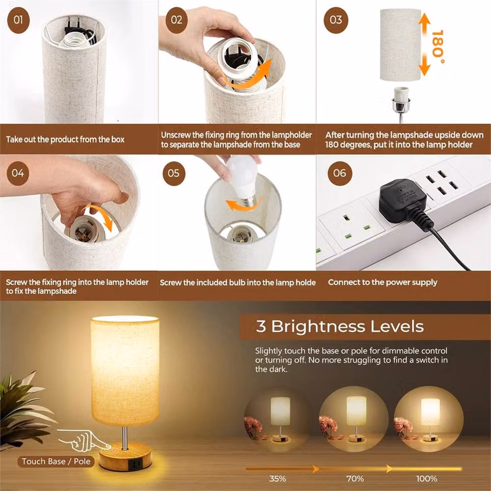 SPETLEK Touch Control Bedside Lamp with USB, 3 Way Dimmable Modern Table Light in White – 2