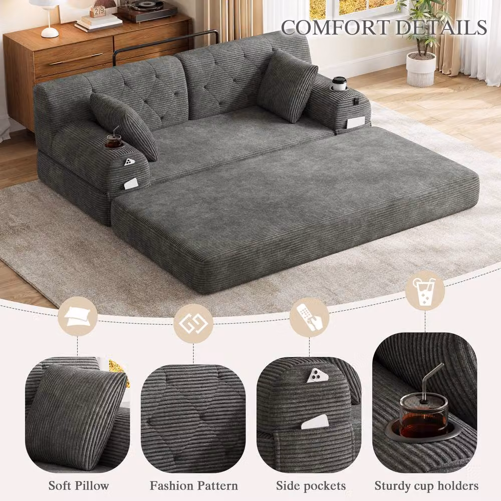 Matteo 2-Seater Sleeper Sofa in Grey Corduroy with Cup Holders and Metal Frame – 4