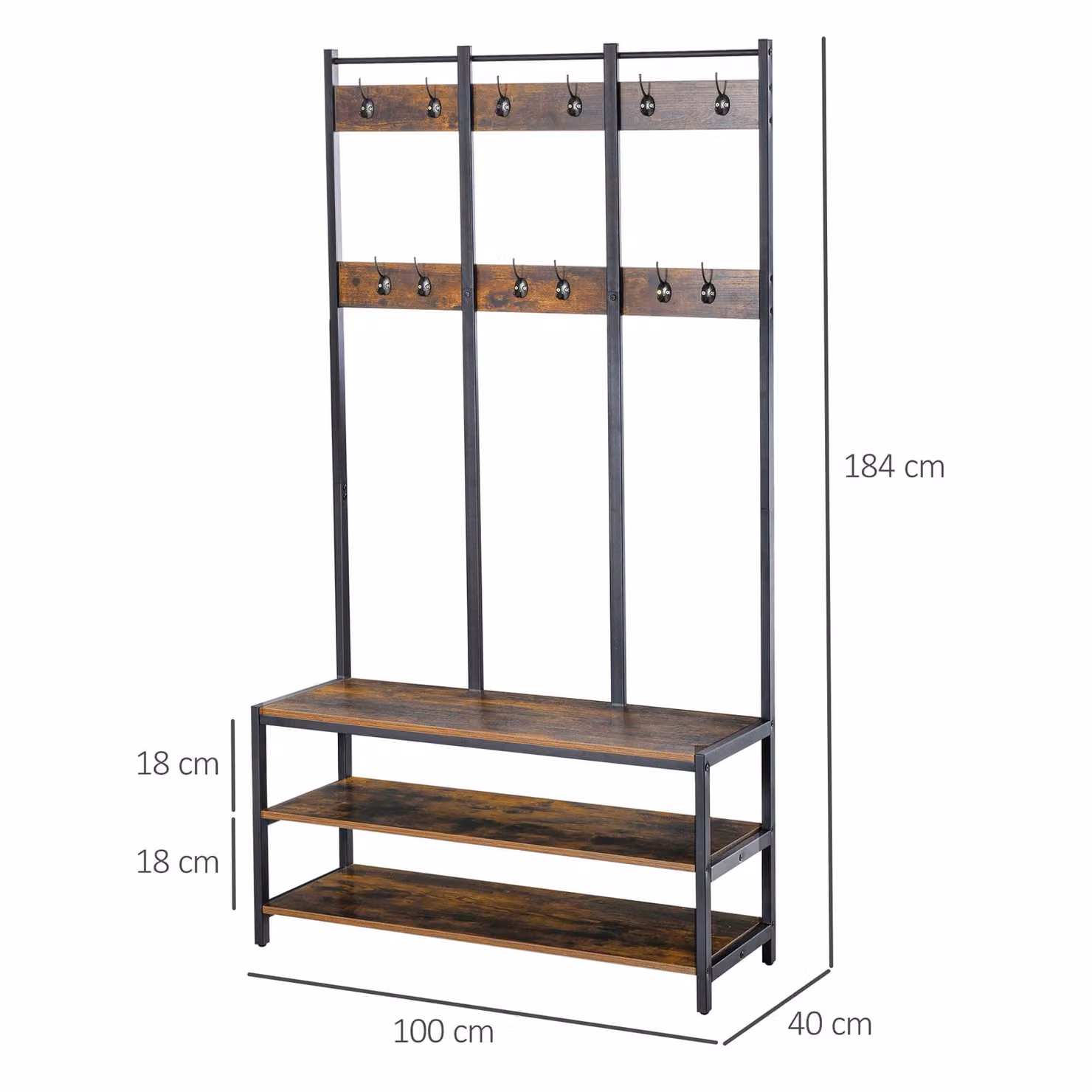 HOMCOM Industrial Hall Tree Coat Rack Stand with Bench and Shoe Storage, Rustic Brown and Black, W: 100 cm, D: 40 cm, H: 184 cm – 3