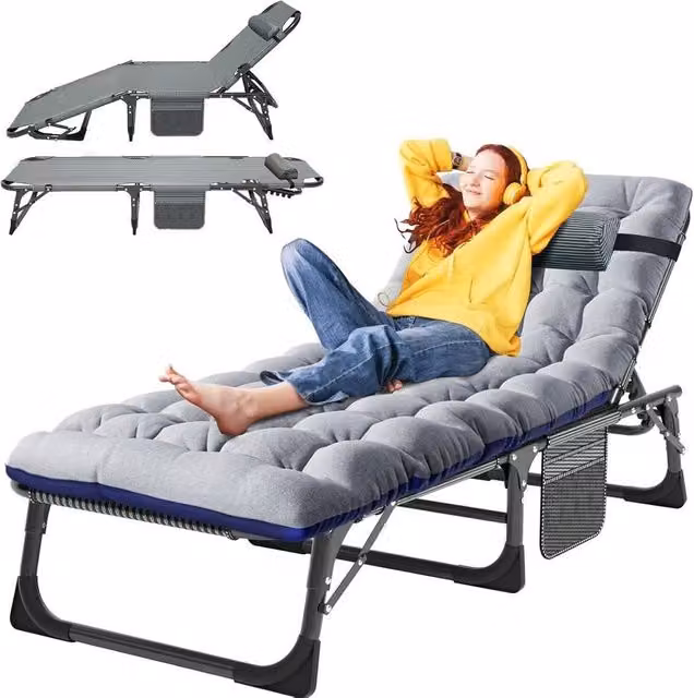 EONLION Grey Padded Foldable Sun Lounger with Adjustable Headrest and Side Compartments