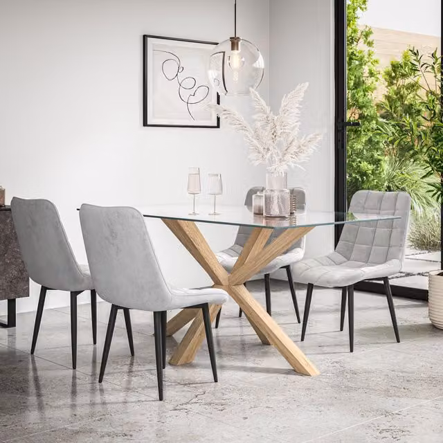More4Homes Etta Glass Dining Table and 4 Nova Grey Velvet Chairs Set, W/D/H: 160 x 90 x 75 cm