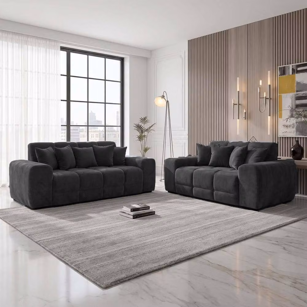 Furnishings For Less UK Jenson Black Plush Velvet 3 and 2 Seater Sofa Set with Deep Seats and Scatter Cushions – 4