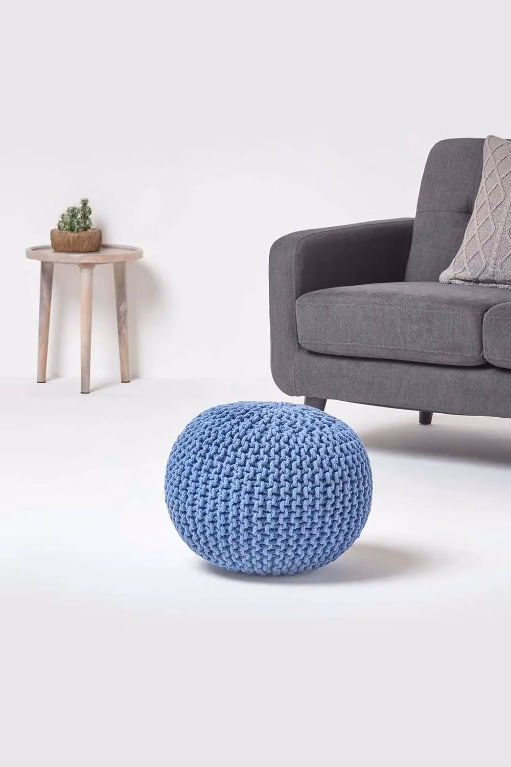 Homescapes Round Blue Cotton Knitted Pouffe Footstool – 2