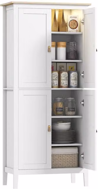 ERGOVEXA White Tall Pantry Cupboard with Motion Sensor LED Light, H 176.5 cm x W 80.0 cm x D 40.0 cm