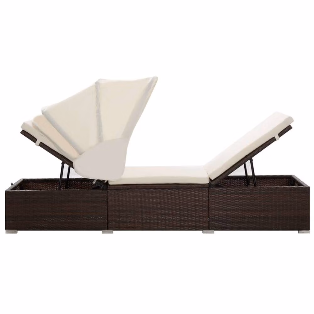 Berkfield Home Brown Poly Rattan Sun Lounger with Canopy, Cushion and Adjustable Headrest – 2