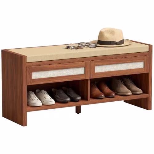 HOMCOM Boho Shoe Bench with 2 Rattan Drawers and Fabric Cushion, Brown, W: 108 cm, D: 35 cm, H: 50 cm