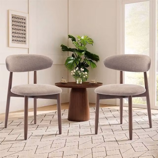 Nordara Set of 2 Grey Fabric Upholstered Solid Wood Dining Chairs with Curved Back