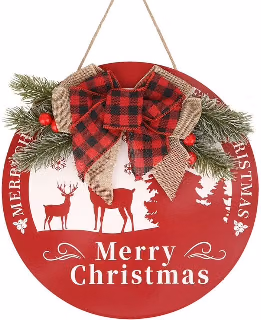 Neel Blue Rustic Merry Christmas Round Wooden Hanging Wall Plaque, Diameter: 29.5 cm