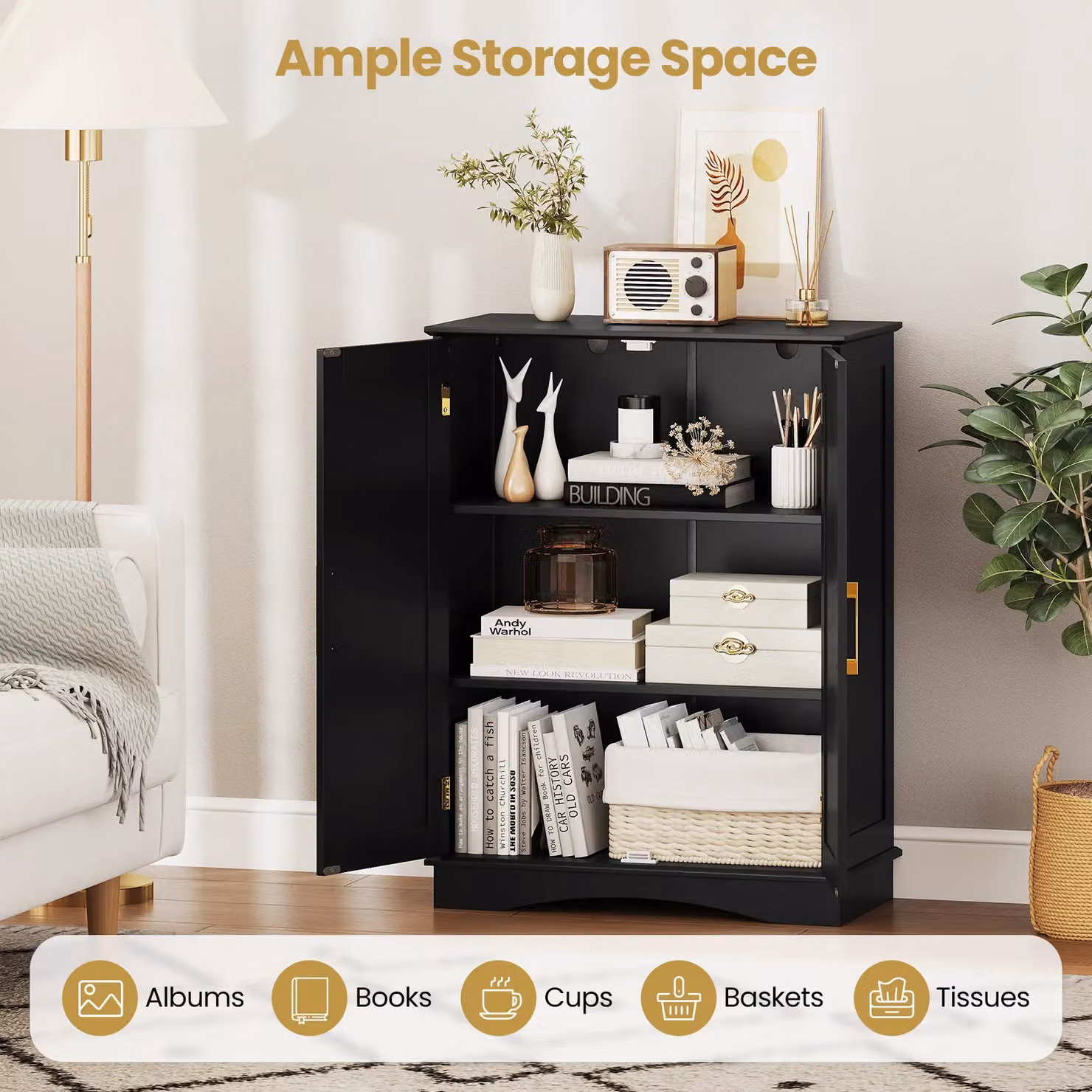 Costway Modern Black and Gold Bathroom Floor Storage Cabinet with Hinged Doors and Internal Shelves, Width: 80 cm – 6