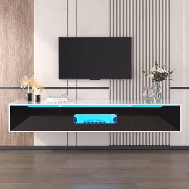 Aosom.UK Black High Gloss TV Unit with Colour Changing LED Lights and 3 Storage Spaces, W: 180 cm, D: 35 cm, H: 30 cm