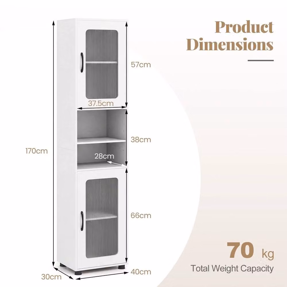 Havendro Slim White Floor Cabinet with 2 Fluted Hinged Doors and Internal Shelves, H 170 cm x W 40 cm x D 17 cm – 2
