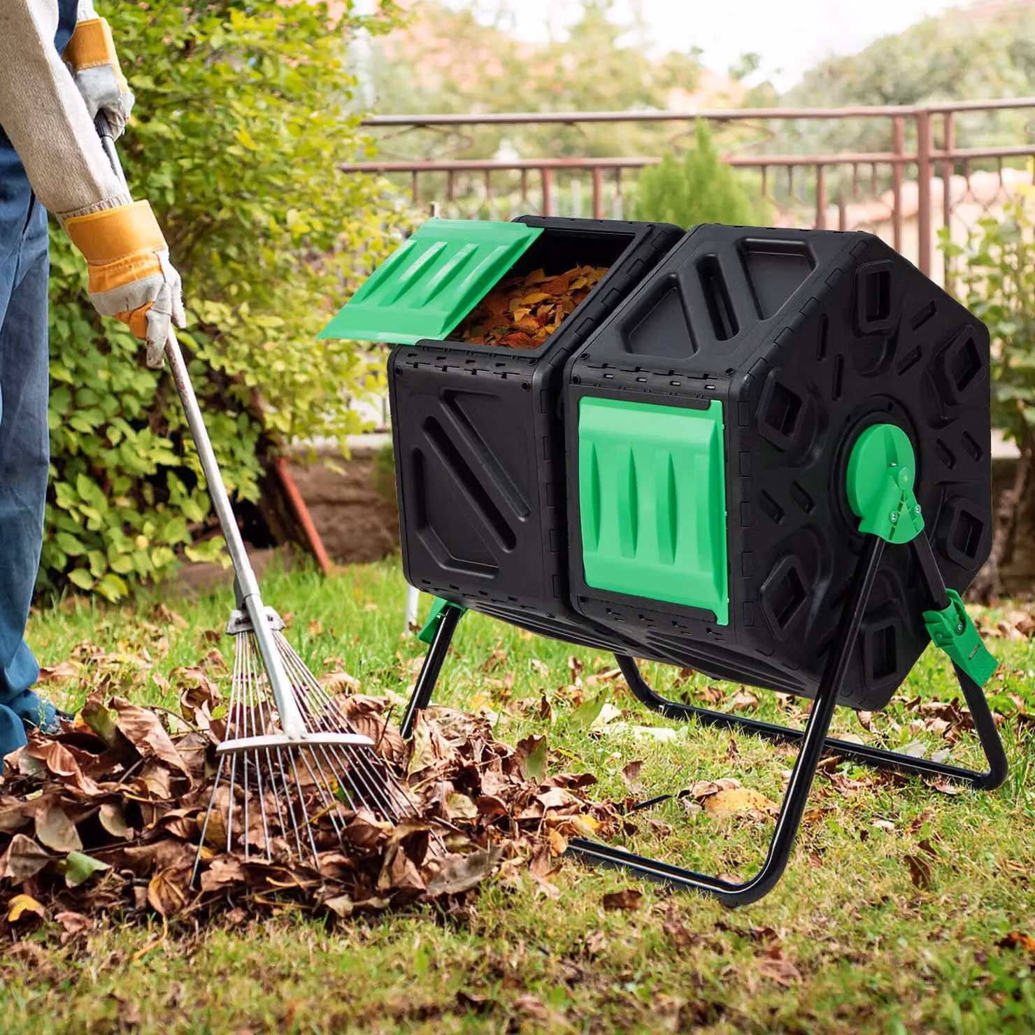 Costway Dual Chamber Garden Compost Bin with Sliding Doors, 130L, Black – 5