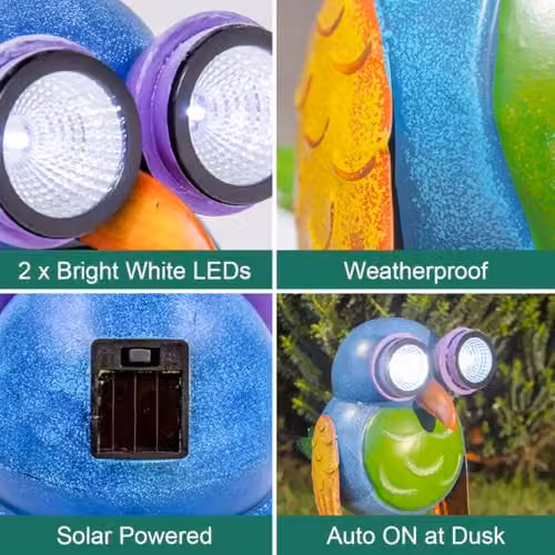 GardenKraft Metal Solar Powered Owl Garden Statue with Multicolour LED Lights, Green, H: 29.5 cm, W: 21.5 cm, D: 18.0 cm – 3