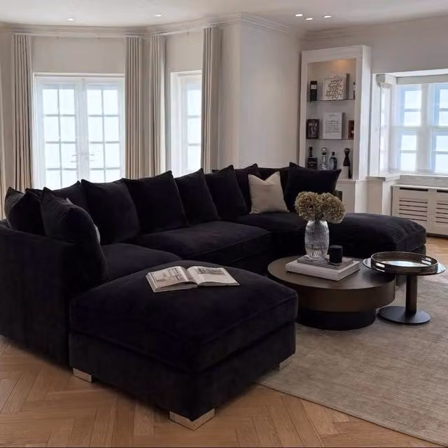 Home & Love Luxe Bishop U Shape Cinema Scatterback Corner Sofa in Black Velvet