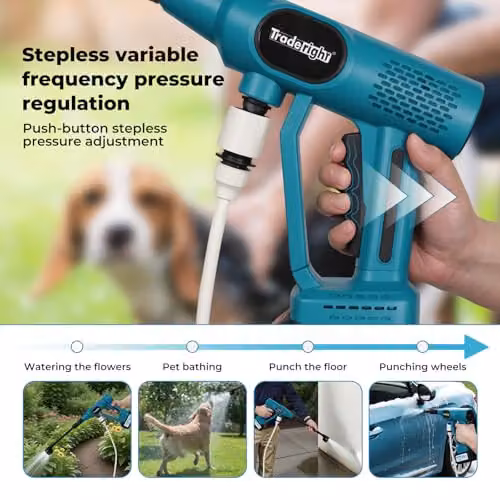 Traderight Blue Cordless Pressure Washer with Brushless Motor, LCD Display and Dual 4.0Ah Rechargeable Batteries, 50Bar/725PSI High-Pressure Jet Washer for Car, Patio and Garden Cleaning – 3