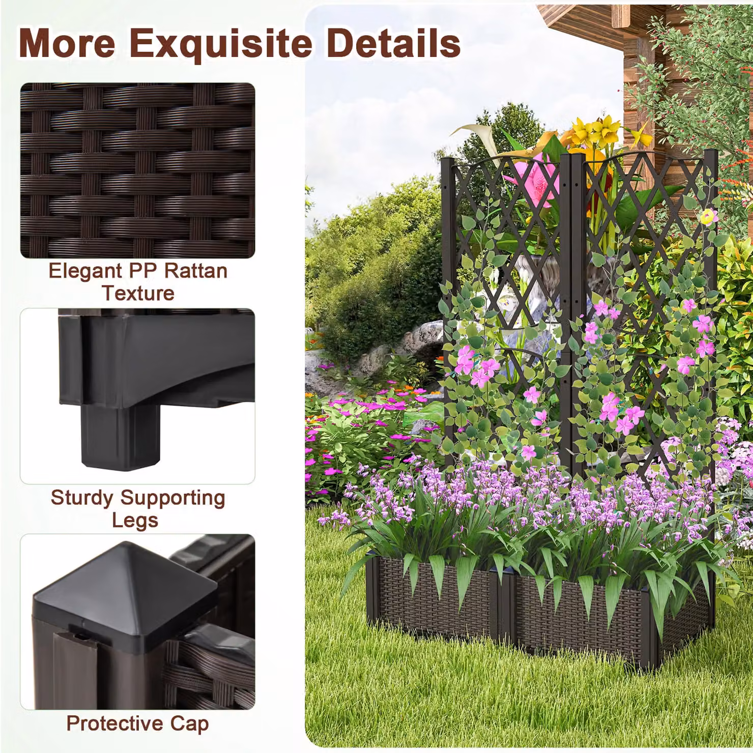 Costway Double Box Raised Garden Bed Planter with Trellis and Drainage Holes, Brown, W: 122 cm, D: 80 cm, H: 40 cm – 5