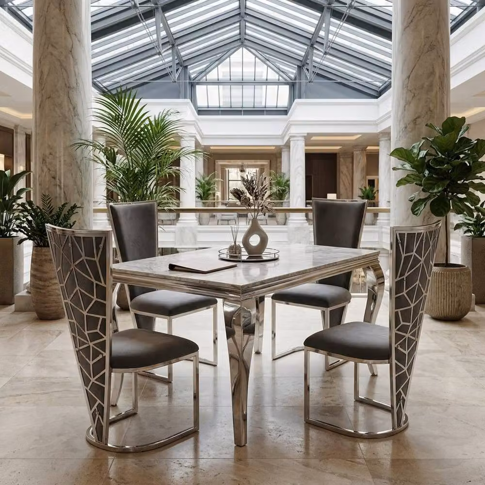 Home Luxe Interior Marble Dining Table and 4 Vienna Silver Grey Velvet Chairs Set, W: 120 cm – 5