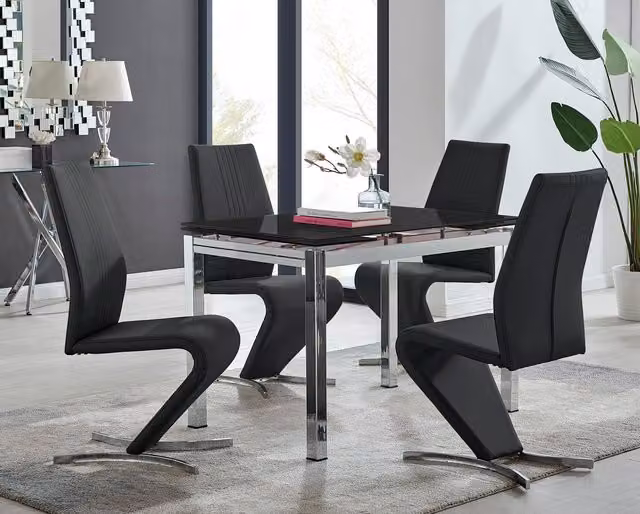 FurnitureboxUK Enna Black Glass Extending Dining Table and 4 Willow Chairs Set