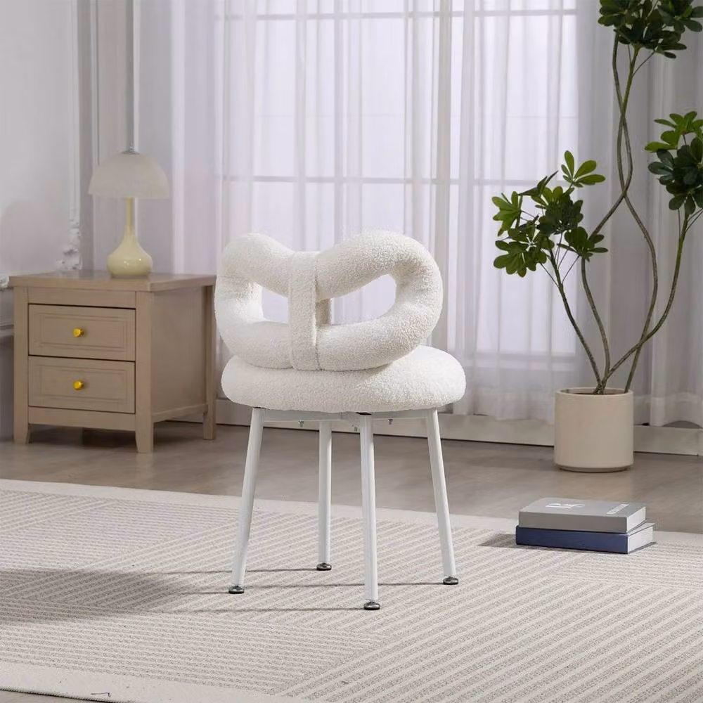 FORGEVIO White Bouclé Vanity Dressing Table Stool with Metal Frame, W/D/H: 45 x 48 x 67 cm – 2
