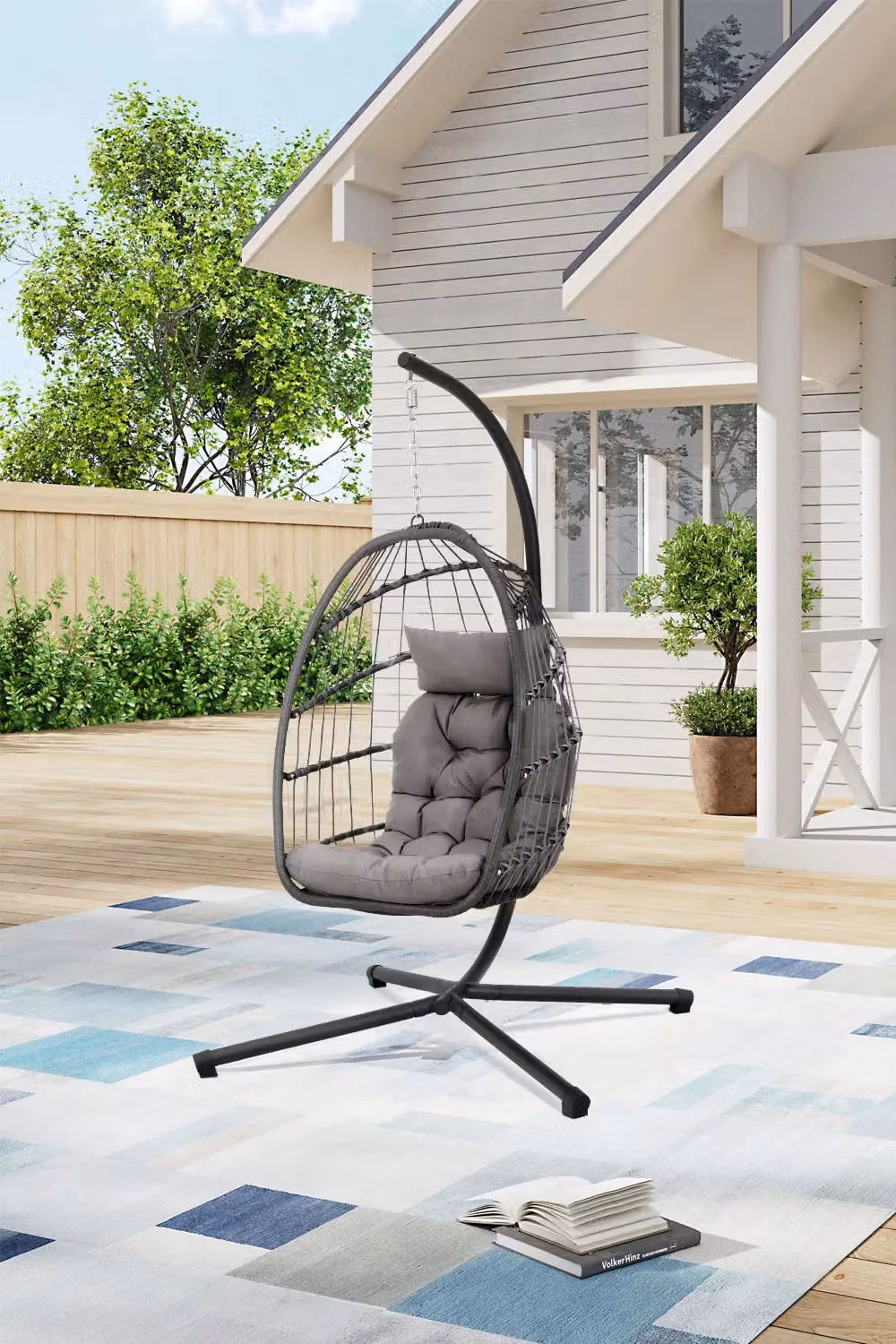 Living and Home Grey Polyrattan Egg Hanging Chair with Stand and Cushions – 2