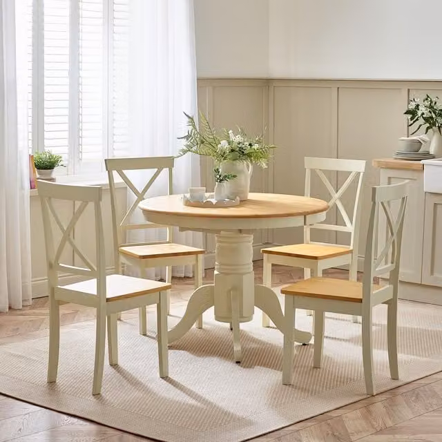 FurnitureboxUK Padstow Round Wooden Extending Dining Table and 6 Millford Chairs in Cream and Beige