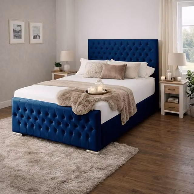 Desire Deco Kensington Upholstered Bed Frame in Blue, Size: 140 x 200 cm