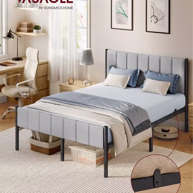 VASAGLE Double Bed Frame with Washable Upholstered Headboard, Grey, W: 135 cm, L: 190 cm