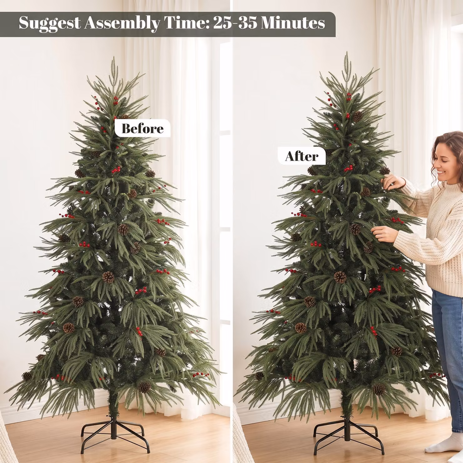 HOMCOM 6ft Green Artificial Christmas Tree with Pinecones, Red Berries and 2843 Branch Tips – 6