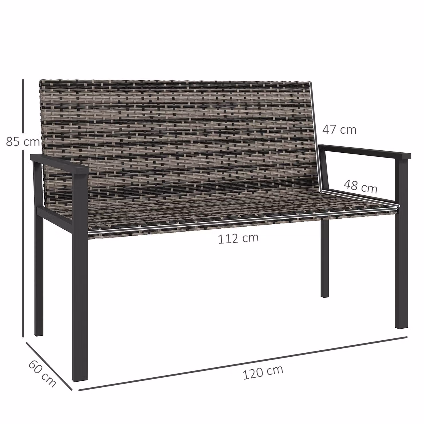 Outsunny 2 Seater Rattan Garden Bench with Armrests and Quick-Drying Cushions, Mixed Grey – 3