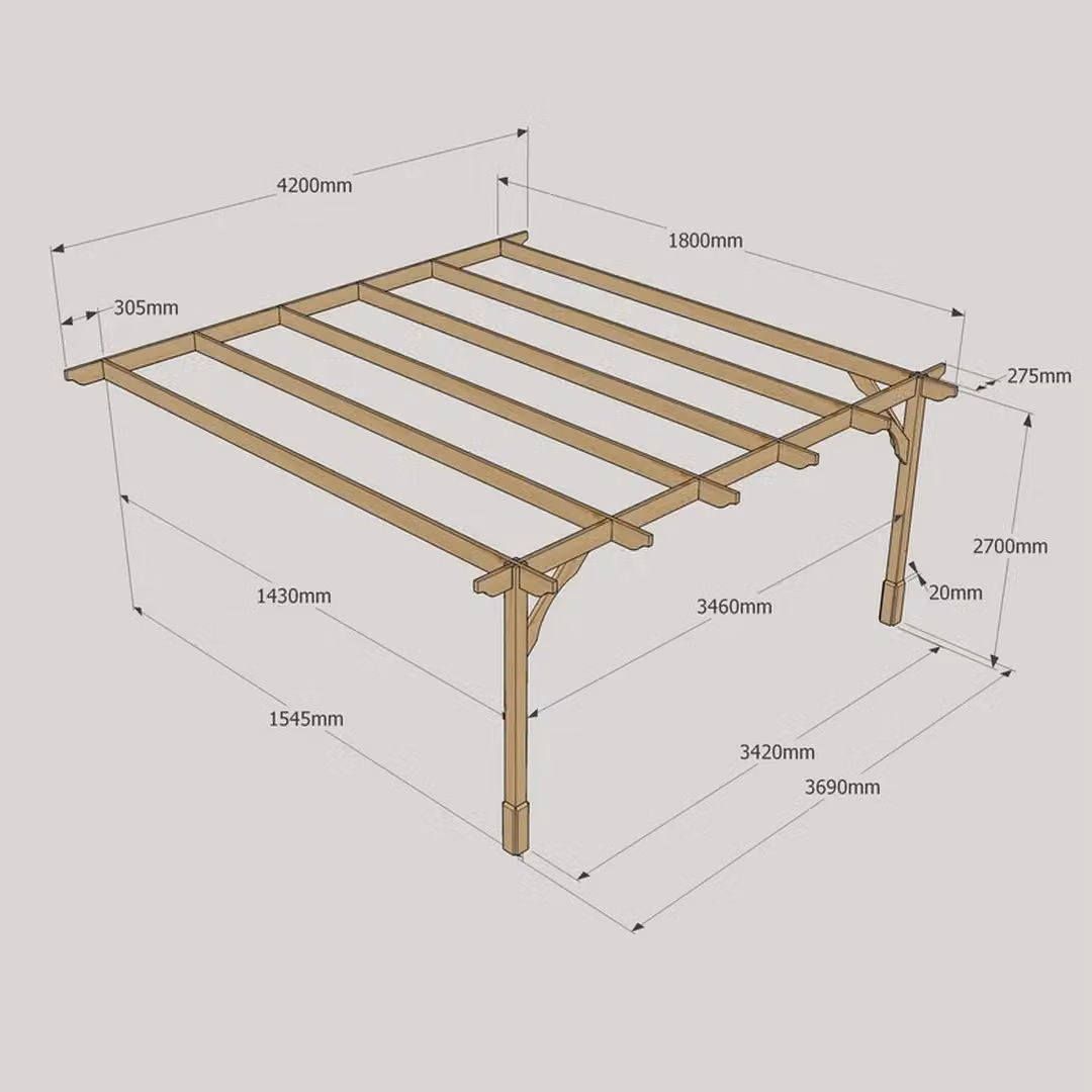 Rutland County Garden Furniture Ltd Wall Mounted Premium Lean-to Pent Pergola in Rustic Brown Wood, W: 420 cm, D: 180 cm, H: 270 cm – 5