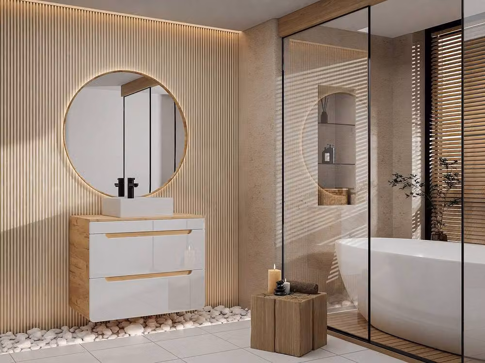 Vente-unique Suspended Vanity Unit with Shelf in Light Oak and White, W: 80 cm, D: 46 cm, H: 59 cm – 2