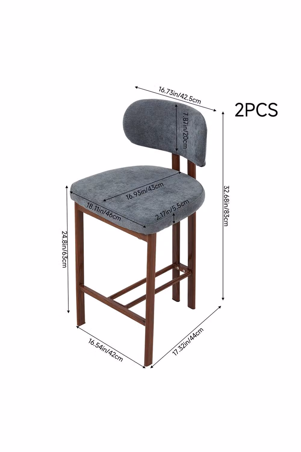 Living and Home Set of 2 Modern Upholstered Grey Fabric Bar Stools with Wood Frame – 2