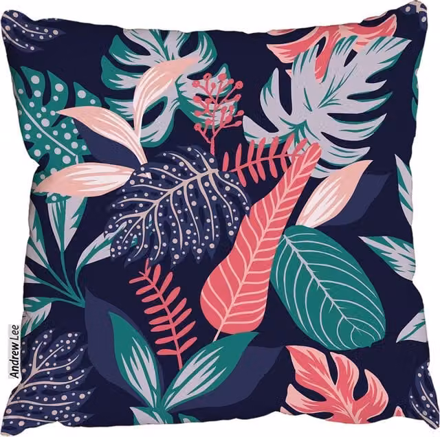Andrew Lee Painted Tropical Exotic Leaves Square Cushion, Pink and Multicolour, W: 60 cm, H: 60 cm