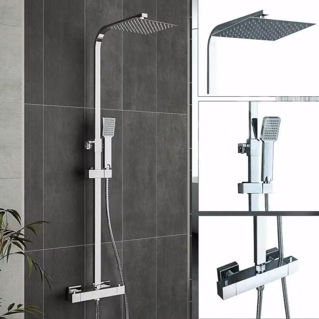 VOGREX Thermostatic Exposed Shower Mixer Set with Large Square Twin Head in Silver Chrome – 1