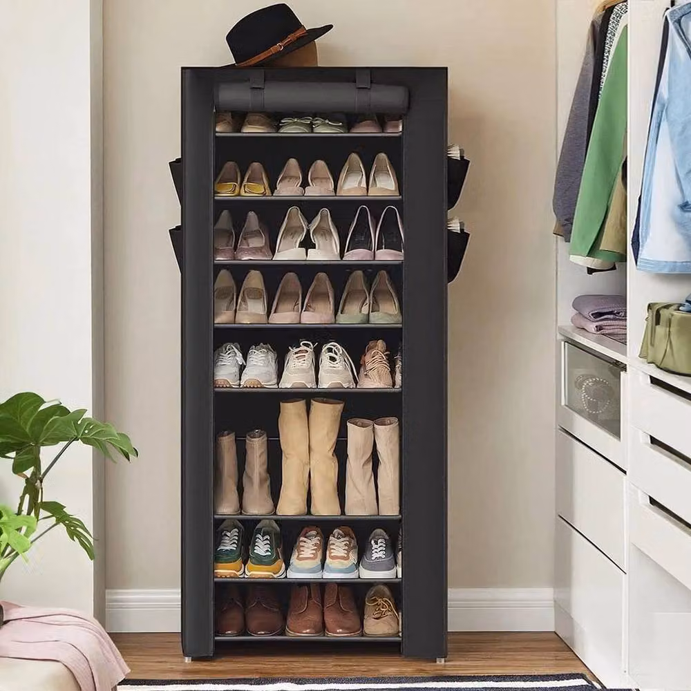 EONLION Black Freestanding Metal and Plastic Shoe Rack with Back Panel, Width: 50 cm – 3