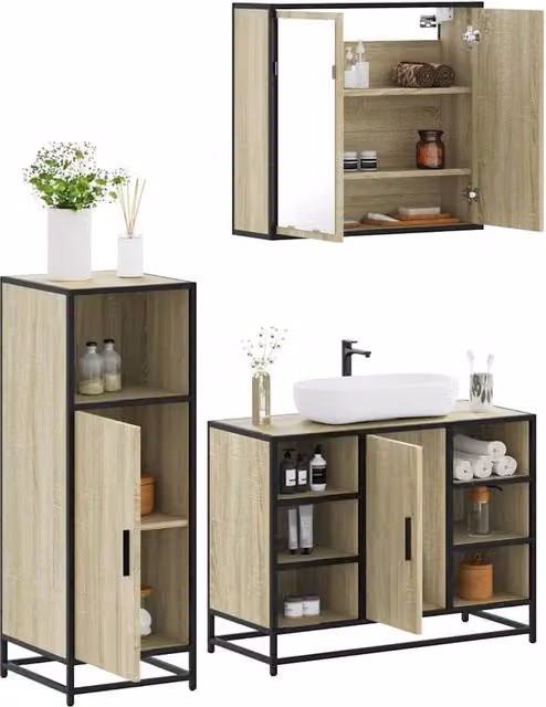 Berkfield Home 3 Piece Industrial Bathroom Furniture Set in Brown Sonoma Oak Engineered Wood