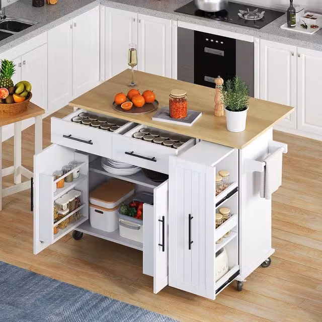 BTM White Kitchen Island Drop Leaf Storage Trolley with Drawers, W/D/H: 40 x 40 x 90 cm