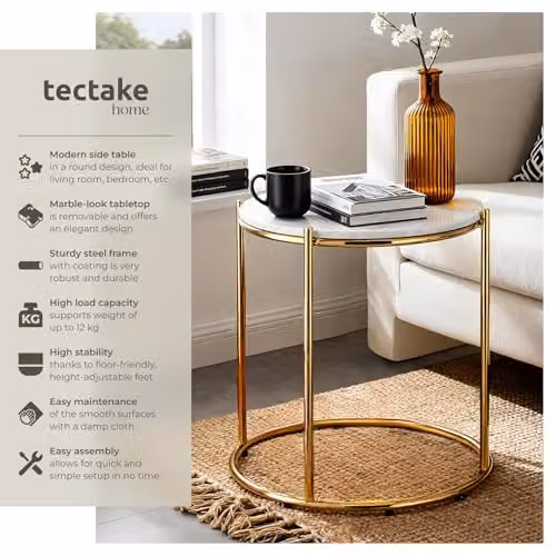 tectake Ellsa Round Marble Look Side Table in White and Gold, W/D/H: 50.5 x 50.5 x 43 cm – 3