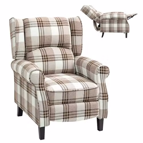 HOMCOM Rustic Brown Fabric Wingback Recliner Armchair with Integrated Pushback Mechanism, W/D/H: 88 x 77 x 102 cm – 1