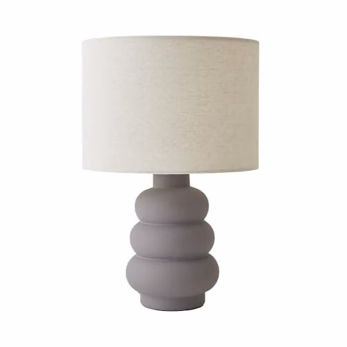 ValueLights Rochelle Grey Bubble Stack Ceramic Table Lamp with Natural Linen Drum Shade and LED Bulb – 1