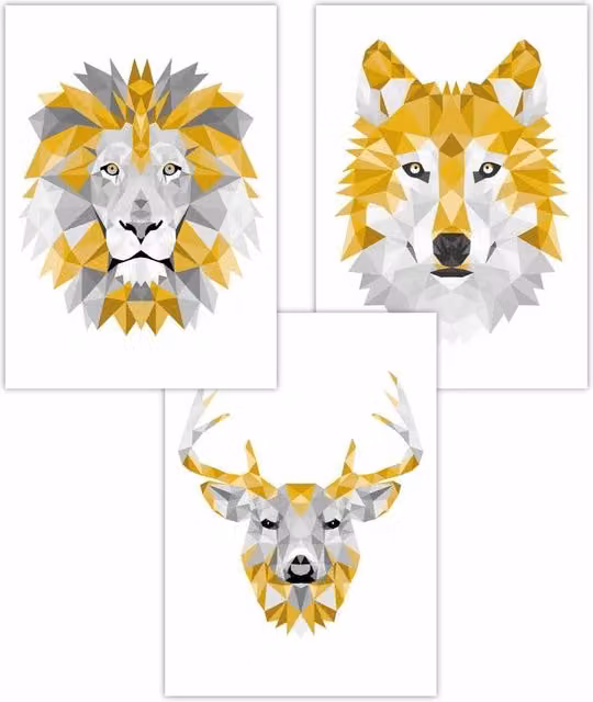 ARTZE Set of 3 Geometric Animal Head Art Posters in Yellow and Grey, W: 50 cm, H: 70 cm